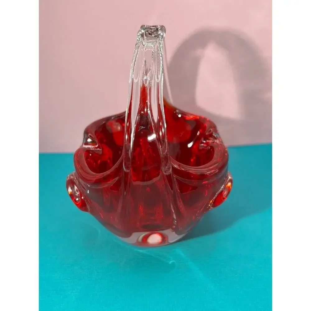 Murano Hand Blown Art Glass Sommerso Basket Ruby Red & Clear Handle